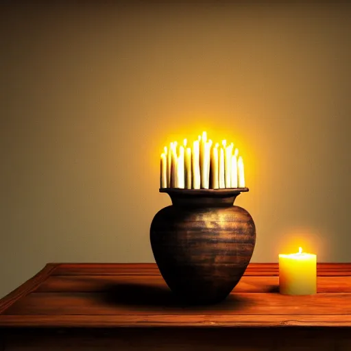Image similar to a large vase with palms on top of a antique wooden table, vegetables on table and candle, medieval old concept art, cinematic lightning and colors, vray tracing, rendered in unreal engine, dark lightning, contrast shadows, super detailed, 8 k