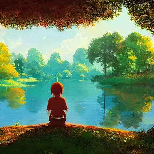 Prompt: a person sitting by a lake, seen from the back, in an enchanted forest, by makoto shinkai, myazaki hayao, warm colors