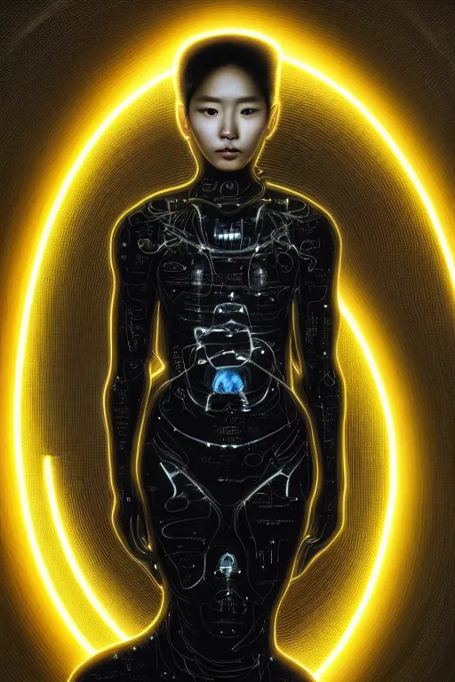 Image similar to portrait futuristic of hoyeon jung as airforce girl, inside future fighter, sci - fi, fantasy, intricate, very very beautiful, elegant, human anatomy, neon strip light, highly detailed, concept art, smooth, sharp focus, illustration, art by dino valls and nicola samori and james jean