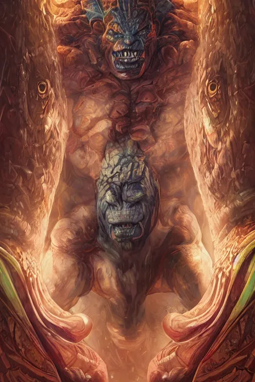 Prompt: portrait of elon musk as a hulking herculean demon orc bugbear clown, godlike, upper body, fantasy, intricate, elegant, highly detailed, digital painting, artstation, concept art, sharp focus, illustration, art by artgerm and greg rutkowski and alphonse mucha