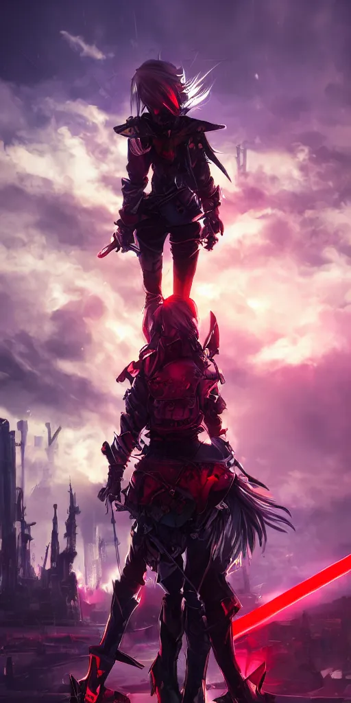Image similar to back shot of one beautiful girl warrior in punk jacket gazing back into distance land, holding two swords, the swords glows in neon red. standing on wet road, digital art by wlop. artstation contest winner, cinematic paint. lower shot. dramatic cloud and ruined city in background.