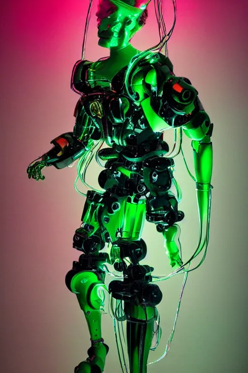 Image similar to full-body rococo and cyberpunk style green neon and ceramic statue of a muscular attractive Spanish robot god humanoid wearing a see-through silk cloak sim roupa, posing like a falling model, suspended from the ceiling with thick neon cables, glowing mint face, crown of red steampunk lasers, emeralds, swirling silver silk fabric. futuristic elements. oozing glowing liquid, full-length view. space robots. human skulls. throne made of bones, intricate artwork by caravaggio. Trending on artstation, octane render, cinematic lighting from the right, hyper realism, octane render, 8k, depth of field, 3D