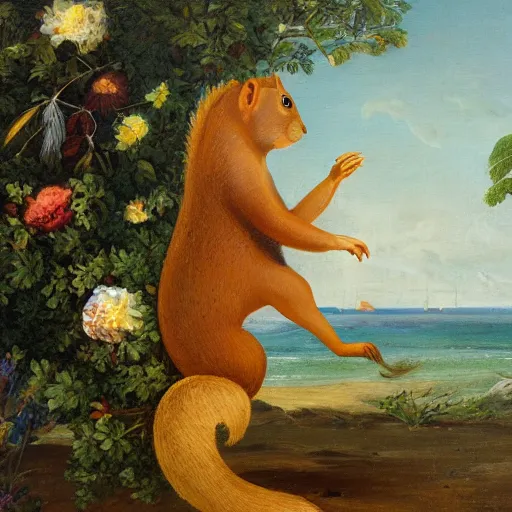 Image similar to a giant squirrel carrying napoleon on its back, beach scene with flowers and foliage, detailed oil painting