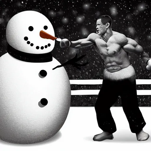 Prompt: a snowman doing boxing versus john cena, realistic, black and white