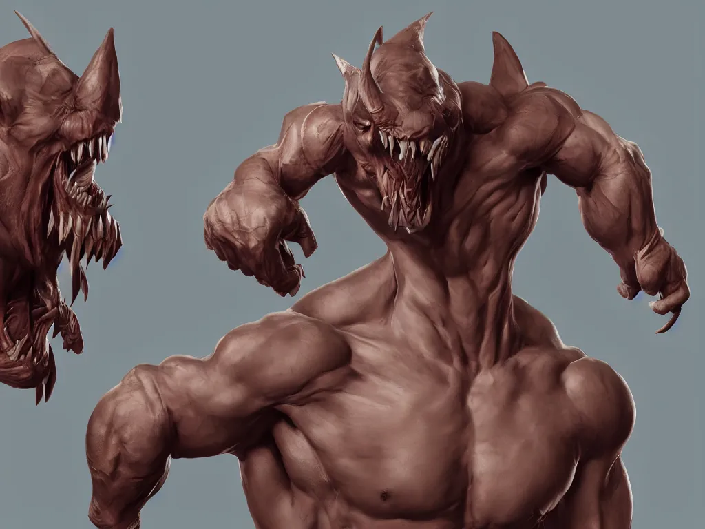 Image similar to game concept art, muscular body, mesomorph, chiroptera head, chiroptera ears, sharp teeth, hyperrealism, artstation, cgsociety, zbrush, no background