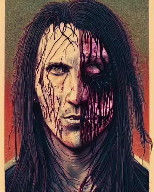 Image similar to trent reznor with long hair as a decaying zombie, horror, high details, bright colors, striking, intricate details, by vincent di fate, artgerm julie bell beeple, 1 9 8 0 s, inking, vintage 8 0 s print, screen print