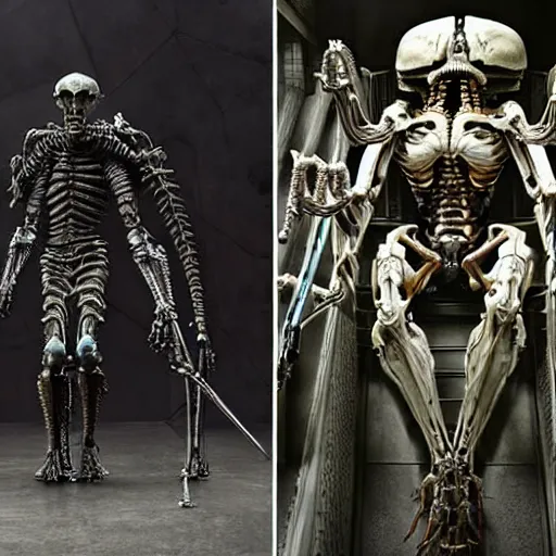 Image similar to still frame from Prometheus movie by giger, necron lord editorial by Malczewski, biomechanical armoured knight by Wayne Barlowe, ornate elaborate complex artifact of death