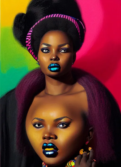 Image similar to portrait of a plump african woman with a crooked nose and a confident expression, 1 9 6 0 s, black clothes, goth, punk, brightly coloured hair, funk, intricate, elegant, highly detailed, digital painting, artstation, concept art, smooth, sharp focus, illustration, art by wlop, mars ravelo and greg rutkowski