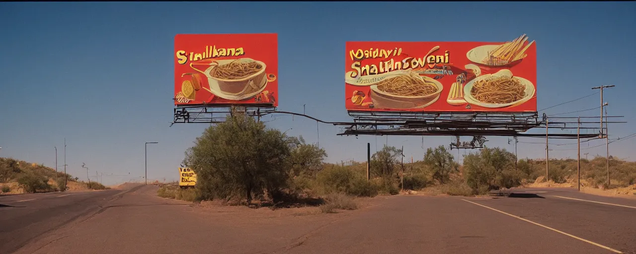 Image similar to spaghetti billboard advertisement, highway 5 0, arizona, sunset, canon 2 0 mm, f 1. 8, kodachrome, in the style of wes anderson