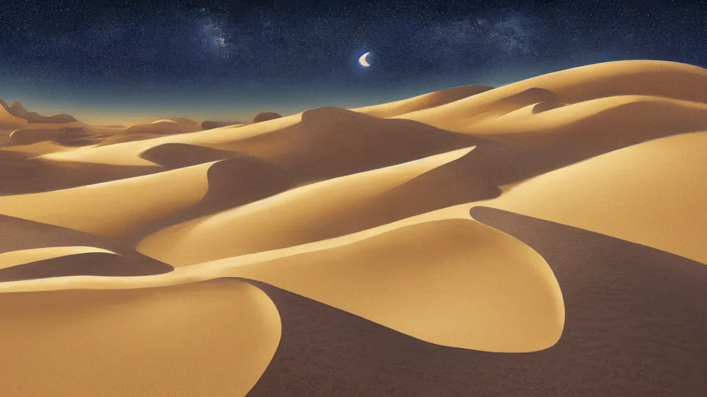 Image similar to highly detailed illustration of high exposure sand dunes at night by makoto shinkai, by oliver vernon, by joseph moncada, by damon soule, by manabu ikeda, by kyle hotz, by dan mumford, by otomo, 4 k resolution