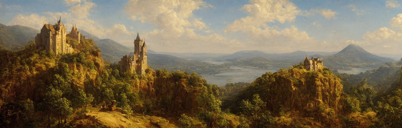 Image similar to a painting of a castle on top of a mountain, a matte painting by Charles Cundall,hudson river school, matte painting, rococo, detailed painting