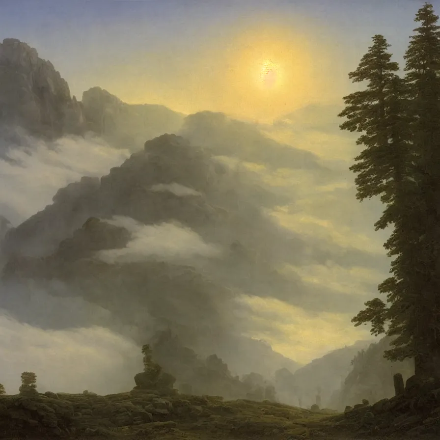 Image similar to highway road above the clouds, sharp rocky mountains, giant trees in the sky, colors, misty clouds, sun at dawn, brutalism, painting by caspar david friedrich