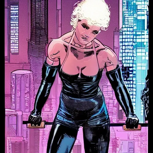 Image similar to Selina Kyle. Apex legends cyberpunk weight lifter. Concept art by James Gurney and Mœbius.