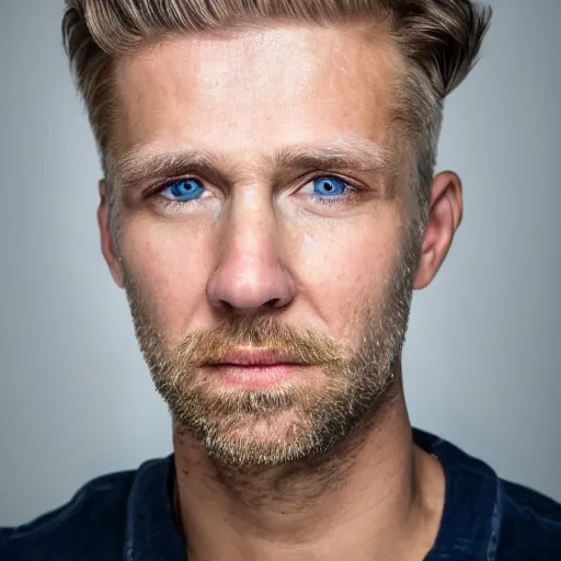 Image similar to close up of face of good looking 4 0 year old anglo slavic blond man with blond stubble, very short wavy blond hair in a short pompadour style, very dark blue eyes, portrait, 4 k