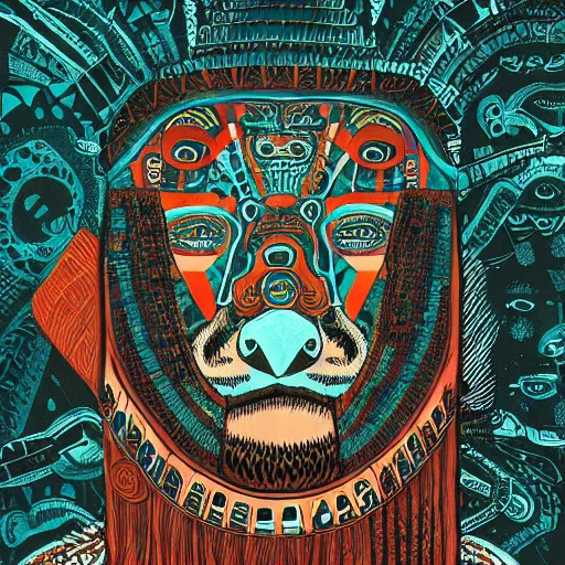 Prompt: illustration of mayan jaguar warrior, resolved, showing conviction or humor by a gloomy silence or reserve, by studio multi and victo ngai, malika favre, william s burroughs, cut up film