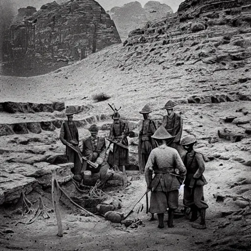 Image similar to ultra detailed photorealistic sepia - toned photo from 1 9 1 7, a small group of british soldiers standing at an archaeological dig site in wadi rum, ultra realistic, painted, intricate details, lovecraft, atmospheric, dark, horror, brooding, highly detailed, by clyde caldwell