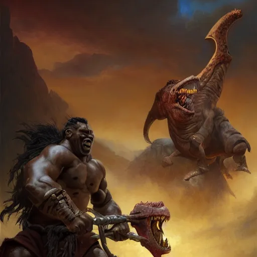 Prompt: Dark Skinned Orc Barbarian slaying a dinosaur with a chanting arena crowd in the background, Oil Painting, hyperrealistic, octane render, Detailed Digital Art, RPG scene, William-Adolphe Bouguereau, Michael Cheval, dynamic lighting, Highly Detailed, Cinematic Lighting, 8k, HD