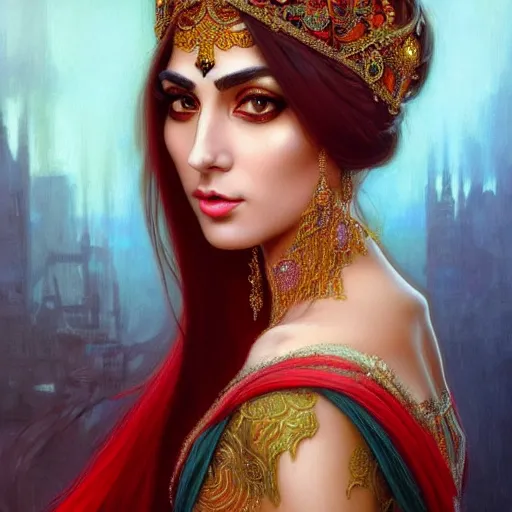 Image similar to Beautiful portrait of a Persian Princess who is an architect, beautiful princess, face painting, beautiful body, attractive, babe, dramatic lighting, intricate, wild, highly detailed, digital painting, artstation, concept art, smooth, sharp focus, illustration, black+velvet+red+Turquoise, dark, art by artgerm and greg rutkowski and alphonse mucha, footage from space camera