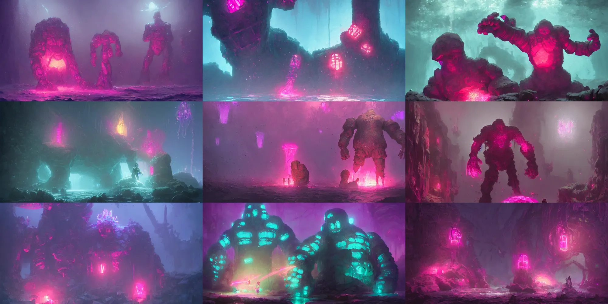 Image similar to giant golem made of crystal, bright pink purple lights, underwater, d & d, art by greg rutkowski