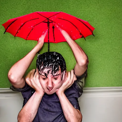 Image similar to Wet young man suffers standing on his head in the red room rain