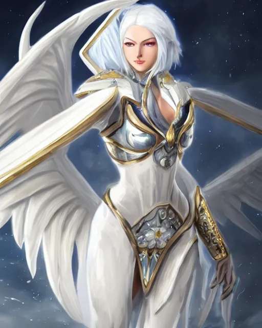Image similar to perfect white haired egyptian goddess wearing white dove wings, warframe armor, regal, attractive, ornate, sultry, beautiful, ice queen, half asian, pretty face, blue eyes, detailed, scifi platform, 4 k, ultra realistic, epic lighting, illuminated, cinematic, masterpiece, art by akihito tsukushi, voidstar