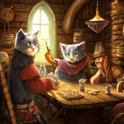 Prompt: cool cat people talking inside a tavern, fantasy art, cozy, dnd, digital art, 4 k