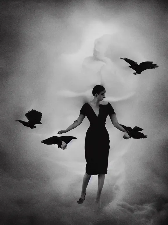 Prompt: portrait of iconic beautiful woman in sophisticated black dress keeping in hands white birds that flying apart turning to smoke and fire and dust. 35mm double-exposure photo, thick fog, daylight, deep shadows, depth of field, cinematic lightning, wide angel, eerie atmosphere, motion blur, HD, smooth and very detailed quality, masterpiece, volumetric lightning, chromatic aberration, Richard Avedon, style of Ade Santora, Tatiana Gorilovsky, cinematic composition, occult, german expressionism, masterpiece, intricate detailed, deep rich palette, wide angel shot