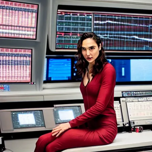 Prompt: Gal Gadot as the Doctor in her burgundy costume in the Tardis secondary control room