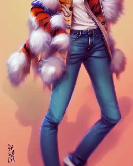 Image similar to fullbody portrait of anthropomorphic half - tiger fluffy cute anime woman in jeans coat, concept art, anime art, by a - 1 picture, trending on artstation artgerm, ross tran, wlop, marc davis