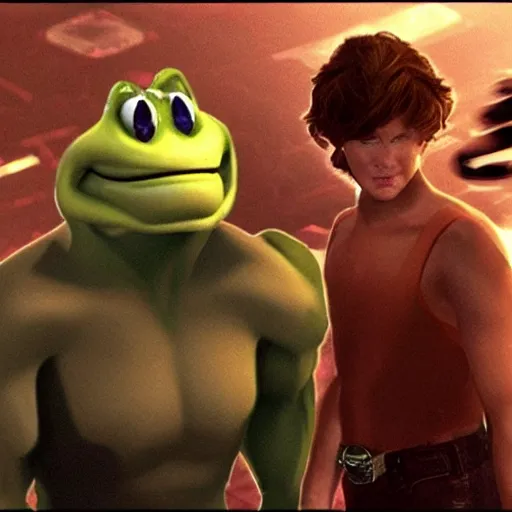 Image similar to a still of from the movie the sixth sense crossover with the game battletoads