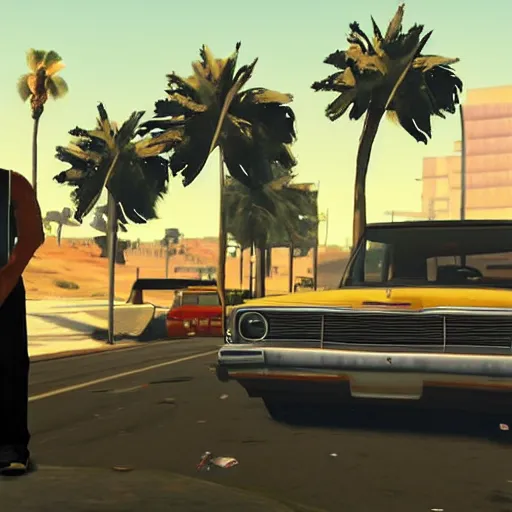 Image similar to Walter White in GTA V. Los Santos in the background, palm trees. In the art style of Stephen Bliss