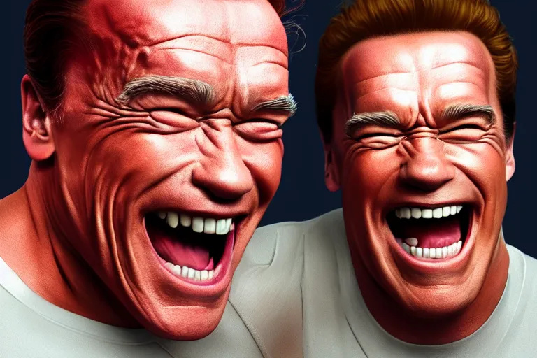 Image similar to Arnold Schwarzenegger laughing hysterically with crazy eyes, hyperrealistic, concept art, illustration, 8k, cinematic, digital painting, very detailed, volumetric lighting, artstation, octane render