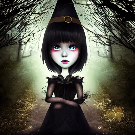 Image similar to focus face portrait of beautiful darkness witch 3D anime girl, dark forest background, snowing, bokeh, inspired by Tim Burton, digital painting, high contrast, unreal engine render, volumetric lighting, high détail