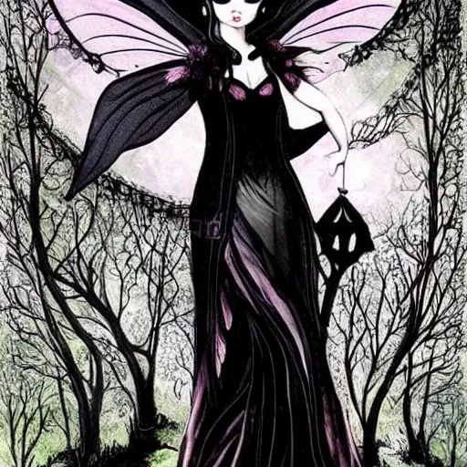 Image similar to gothic whimsical fairy with black dress and black hair fantasy gothic painting