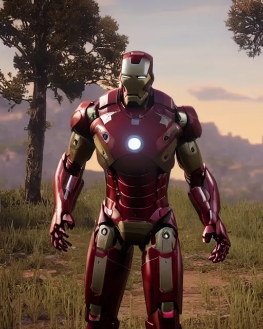 Image similar to robust and bulky iron man suit in red dead redemption 2, cinematic, photorealistic