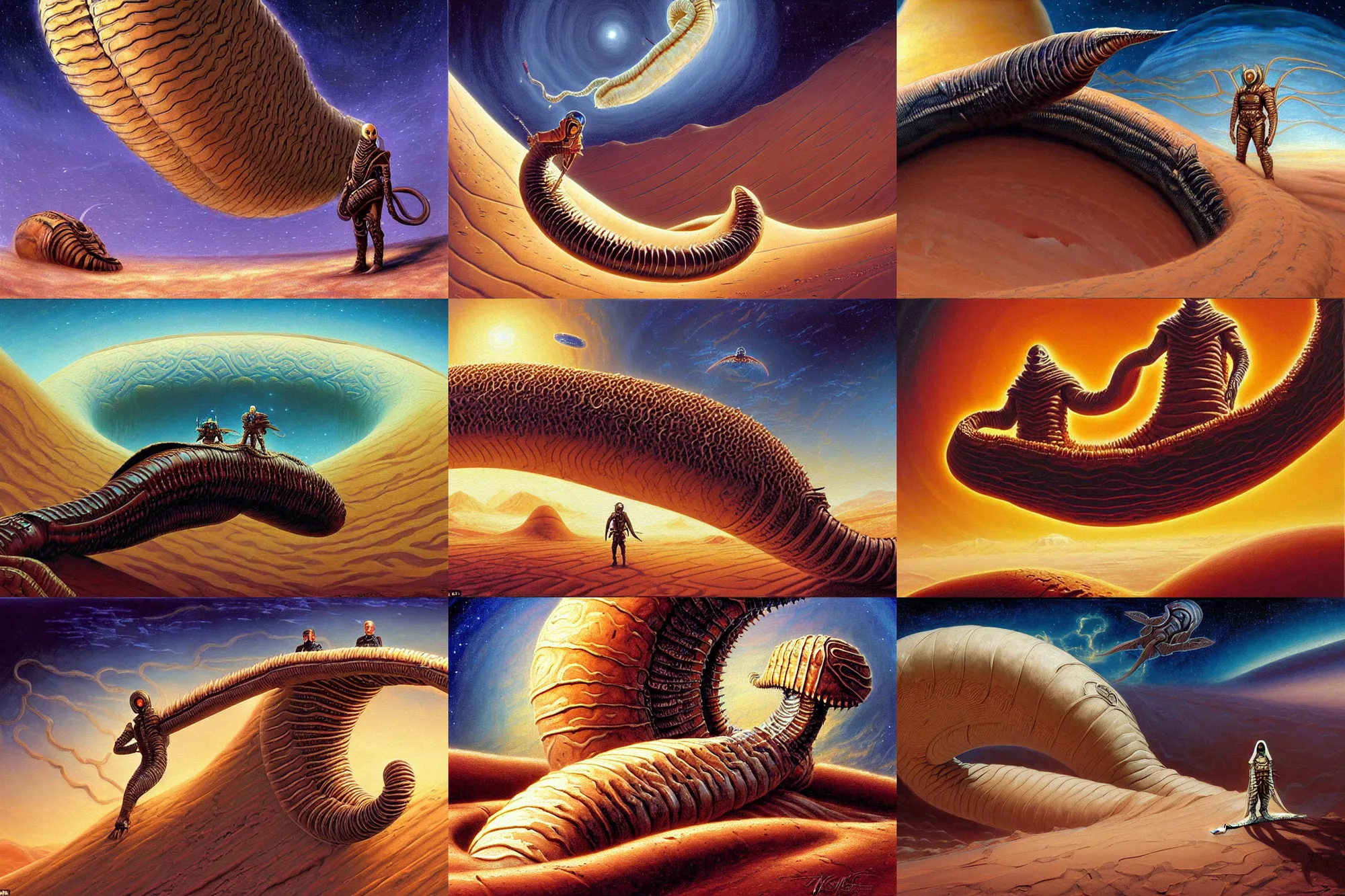 Prompt: leto atreides ii merging with the shai - hulud, human merging with the sandworm on dune, the science fiction classic by frank herbert, very detailed painting by thomas kinkade and james jean