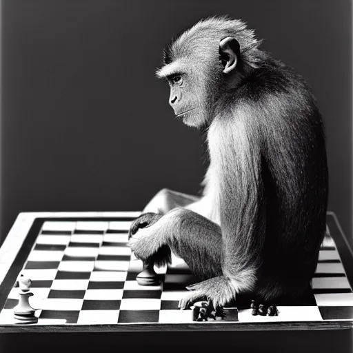 Prompt: black and white portrait photo of a monkey scratching his head, looking at a chess board, confused, annie liebovitz,