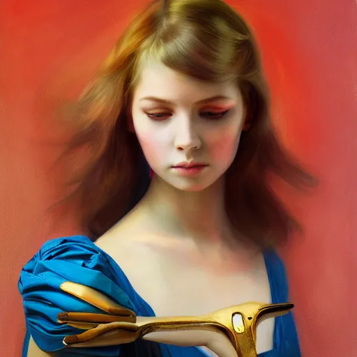 Image similar to a beautiful painting of realistic full body of a beautiful girl in cape, mechanical arm, face by Artgerm, symmetrical portrait, symmetrical eye, trending on artstation, painting by Alexander Jansson + Anthony Van Dyck + Anna Dittmann, complementary colors, dramatic lighting, Unity Creations, super detailed, 8k, no watermarks