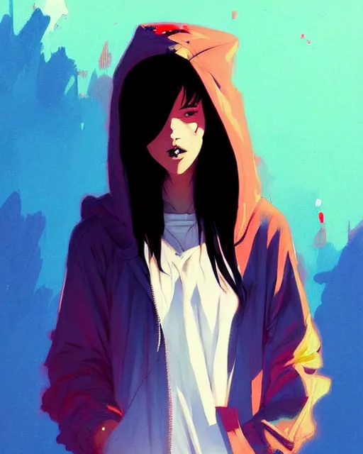 Image similar to a ultradetailed painting of a stylish girl in a oversized hoodie by conrad roset, greg rutkowski and makoto shinkai trending on artstation