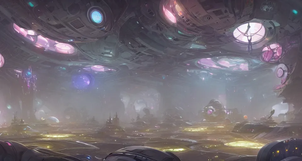 Prompt: a beautiful digital matte painting of the interior of gigantic space station with gardens and massive glowing flower technology, by peter mohrbacher and alex petruk and stephan martiniere, complex swirling accents, futuristic