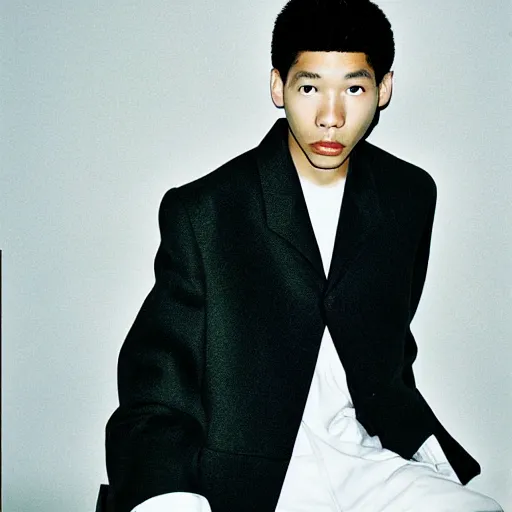 Image similar to realistic! photoshoot for a new balenciaga lookbook, color film photography, portrait of a beautiful asian model, photo in style of tyler mitchell, 35mm