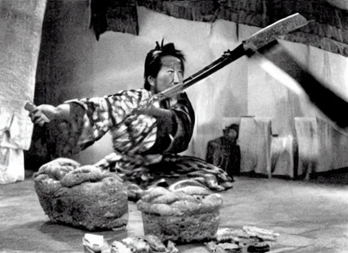 Image similar to a movie still of a samurai slicing through a loaf of bread by Akira Kurosawa