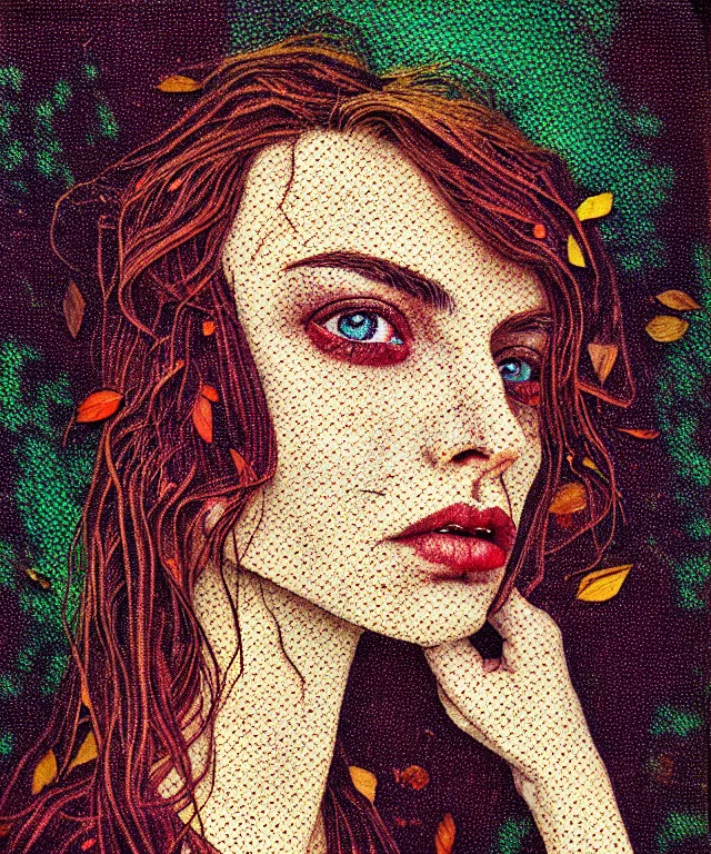 Prompt: a striking!! detailed! portrait of a woman with hazel eyes, shards of the afternoon falling down like broken stained glass, dead autumn leaves, hyperrealistic art nouveau, neural pointillism, earth tones, natural light, expired film stock, polaroid palette