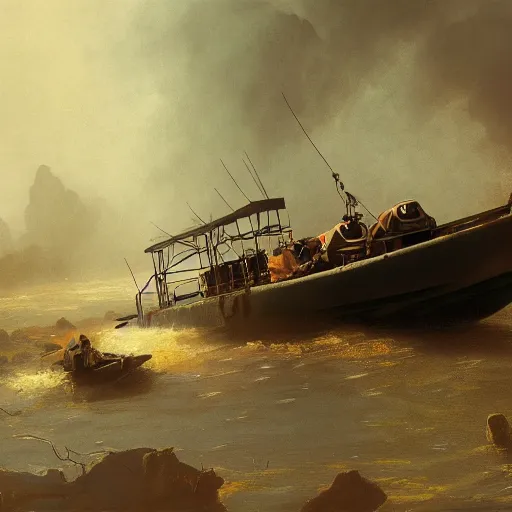 Image similar to jungle river army patrol boat tail of a crashed plane in the water, moody ambience, fog, smoke, dramatic, painting by mullins, repin, mucha, zorn, 4 k, trending on artstation