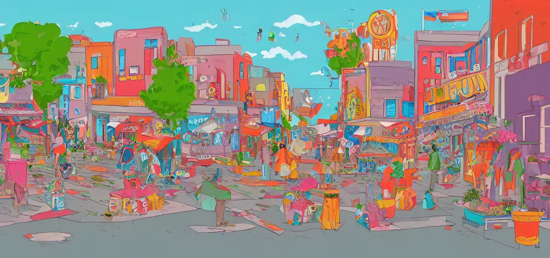 Image similar to an illustration of a funny colorful trashy town by Aurelien Predal