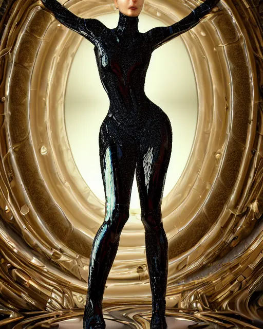 Image similar to a highly detailed metahuman 4 k close up render of a bella hadid as a black latex outfit monument renaissance in iris van herpen dress schiaparelli in diamonds crystals swarovski and jewelry iridescent in style of alphonse mucha gustav klimt trending on artstation made in unreal engine 4