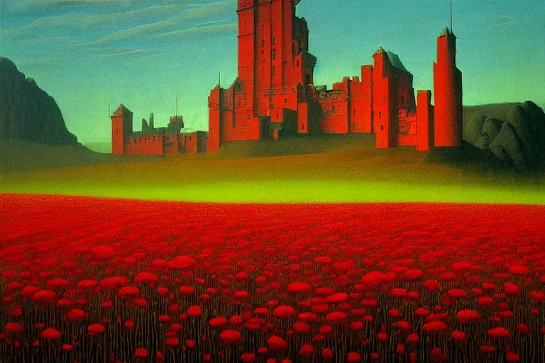 Image similar to only with red, red flowers of different types, a castle in the background, red giants rest over the flowers, in the style of beksinski, part by hopper, part by rodcenko, part by hofbauer, intricate composition, red by caravaggio, insanely quality, highly detailed, masterpiece, red light, artstation, 8 k