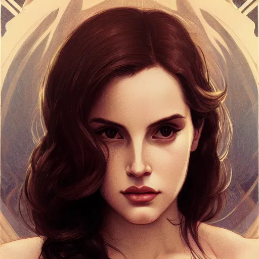 Prompt: portrait of lana del rey, intricate, elegant, highly detailed, digital painting, artstation, concept art, smooth, sharp focus, illustration, art by artgerm and greg rutkowski and alphonse mucha and william - adolphe bouguereau