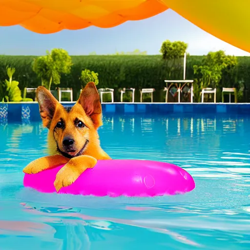 Prompt: An anthropomorphic GSD puppy with hands enjoying a cosmopolitan cocktail in a swimming pool while floating on an flamingo inflatable, tranquil, breezy background, atmospheric, hazy, sweltering, autochrome, 8k, reflections, ue5, digital art