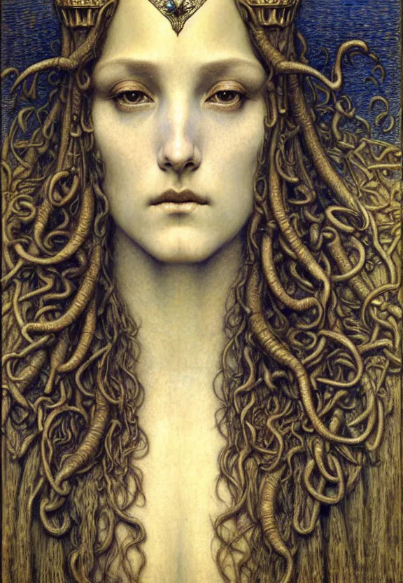 Image similar to detailed realistic beautiful young medieval queen face portrait by jean delville, gustave dore and marco mazzoni, art nouveau, symbolist, visionary, gothic, pre - raphaelite. horizontal symmetry